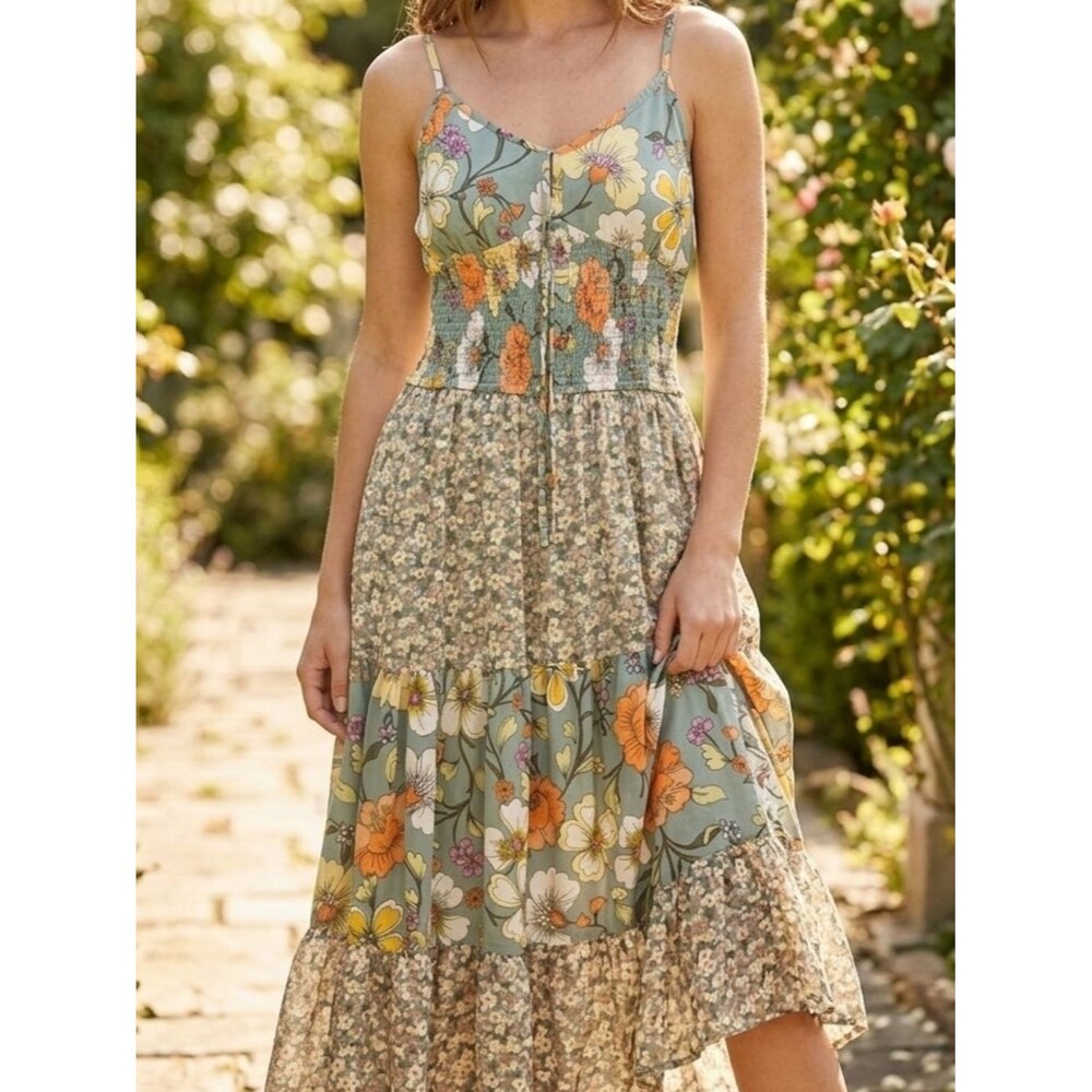 BOG Collective Sage Green Mixed Floral Tiered Smocked Midi Sundress M